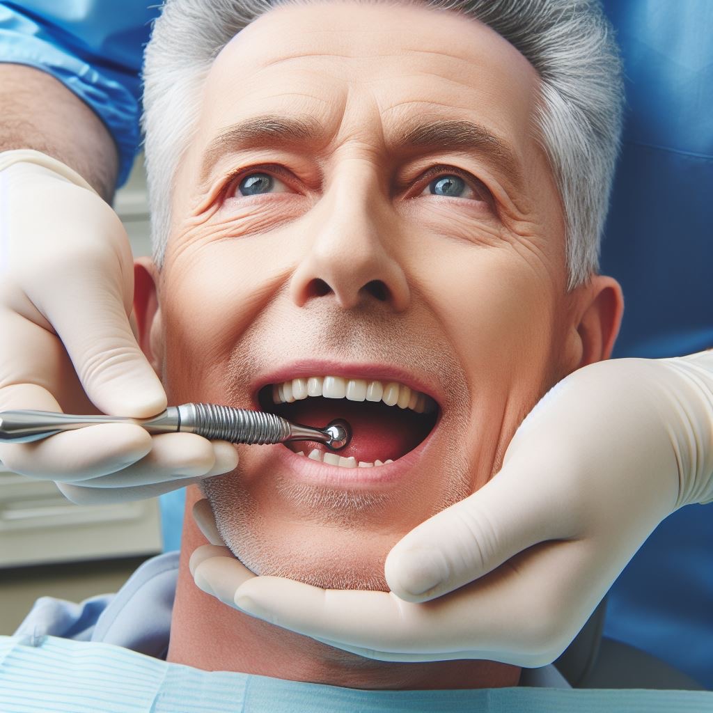 man with tool in his mouth receiving a dental implant